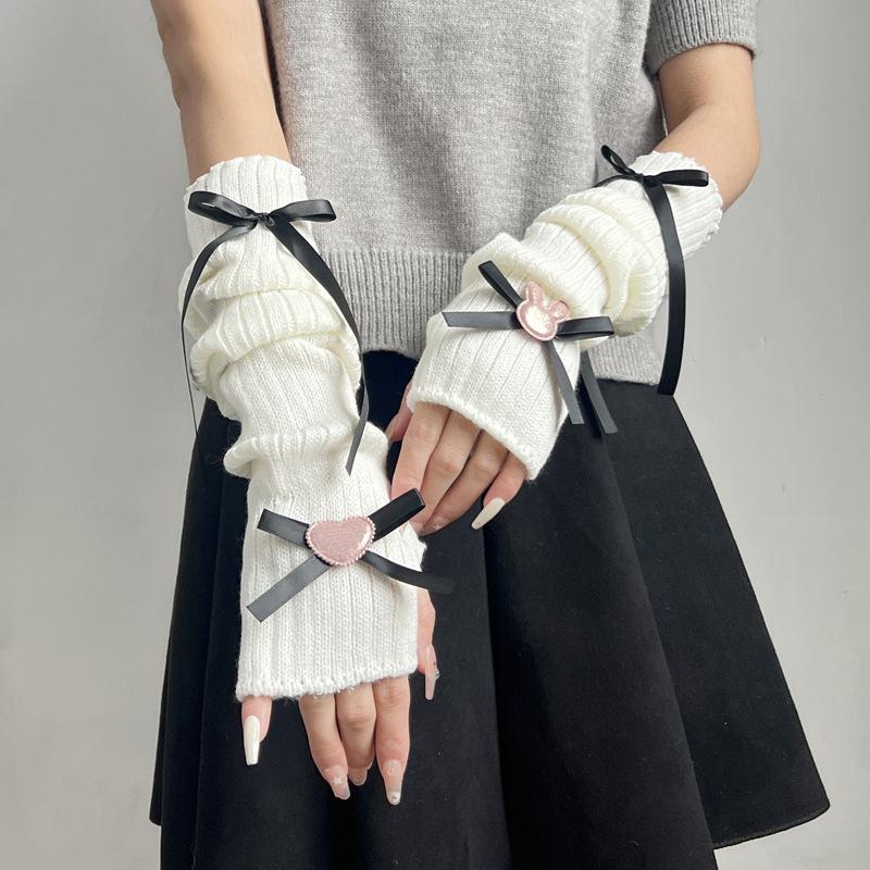 Student Kawaii Knitted Arm Cover Sweet Breathable Lolita Bow Decoration Long Pile Hand Sleeve Fingerless Gloves