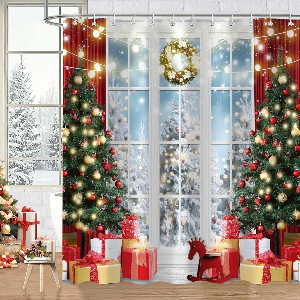 Christmas Shower Curtain Holiday Tree Gifts Window Scene Festive Decor Lights Wreath Bath Decor Waterproof Fabric 150x210