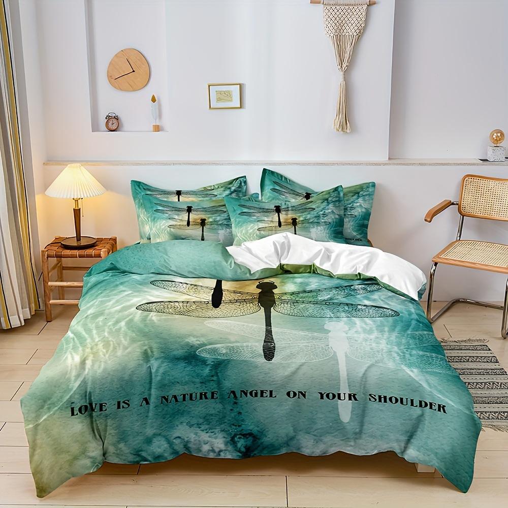

Dragonfly Quilt Cover Set Plant Flower Soft Comfortable Bedding Down Quilt Cover Three-Piece Set EU single 135*200