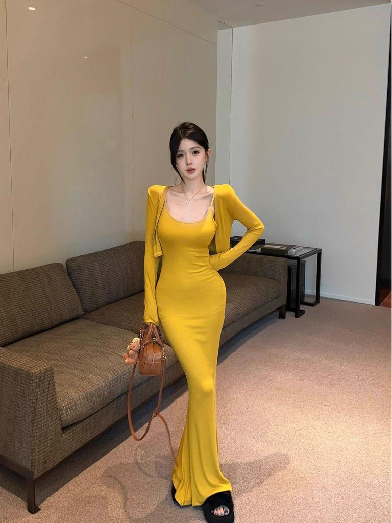 Pure Desire Yellow Camisole Dress & Slimming Cardigan Fishtail Skirt - New Spring/Autumn Arrival
