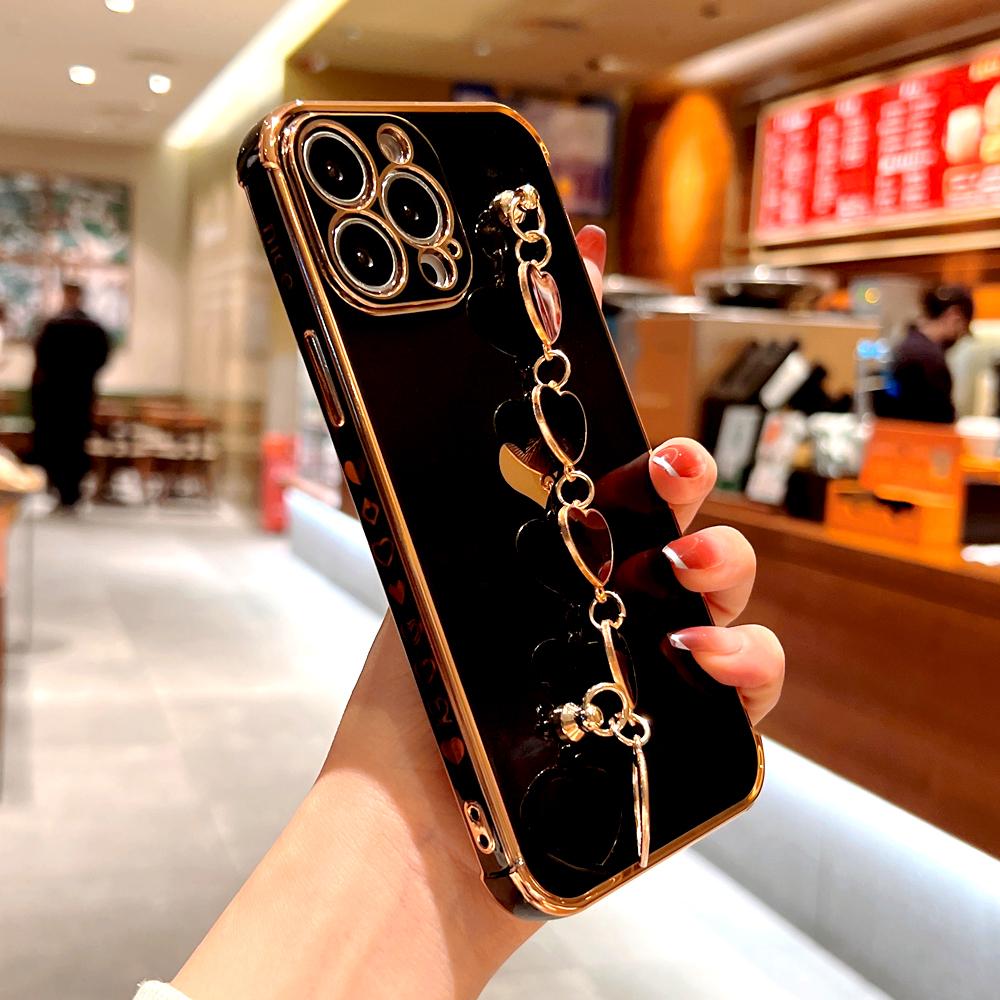 Plating Silicone Case For iPhone 17 Air 16E 16 15 14 13 12 11 Pro Max 15Pro 14Pro IPhone15 Wrist Bracelet Strap Love Heart Cover
