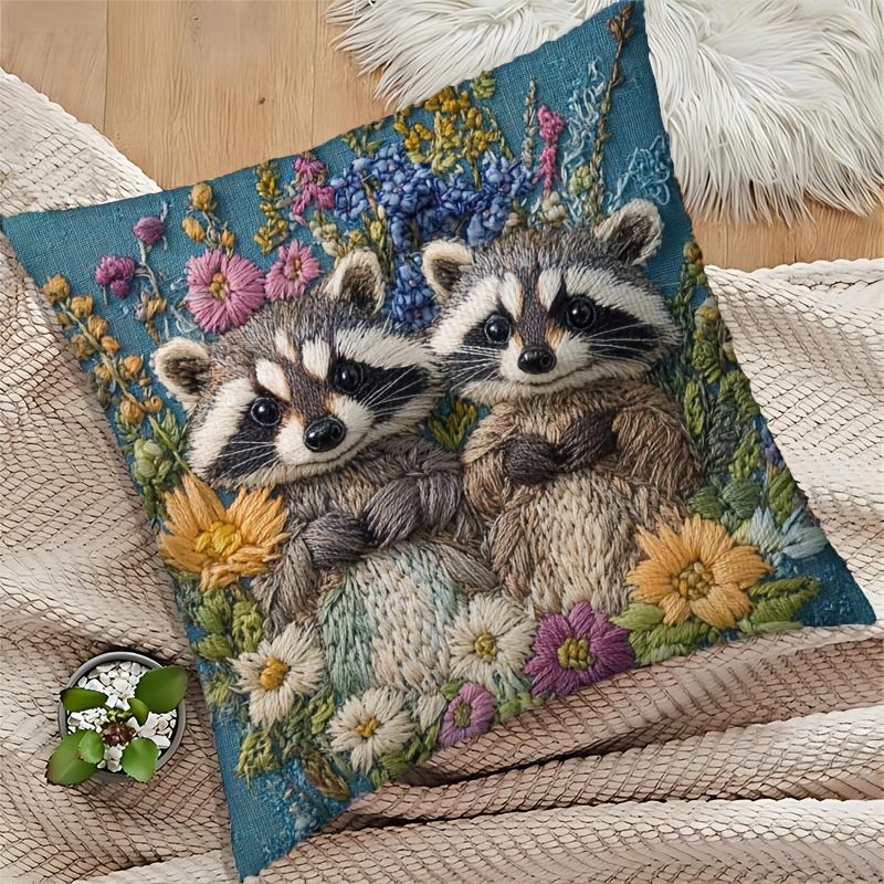 Jgevans Floral & Raccoon Cushion Covers Chair Living Room Pillowcase Cozy Zipper Sofa Pillow Covers Bedroom Indoor Home Decor
