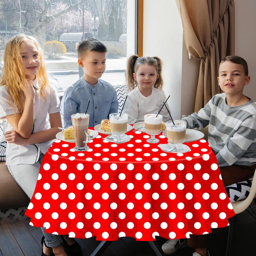 3 Pack Red and White Polka Dots Tablecloth Red Round Table Cover with White Polka Dot Round Plastic Table Cloth 84 in Round for Kitchen Dining