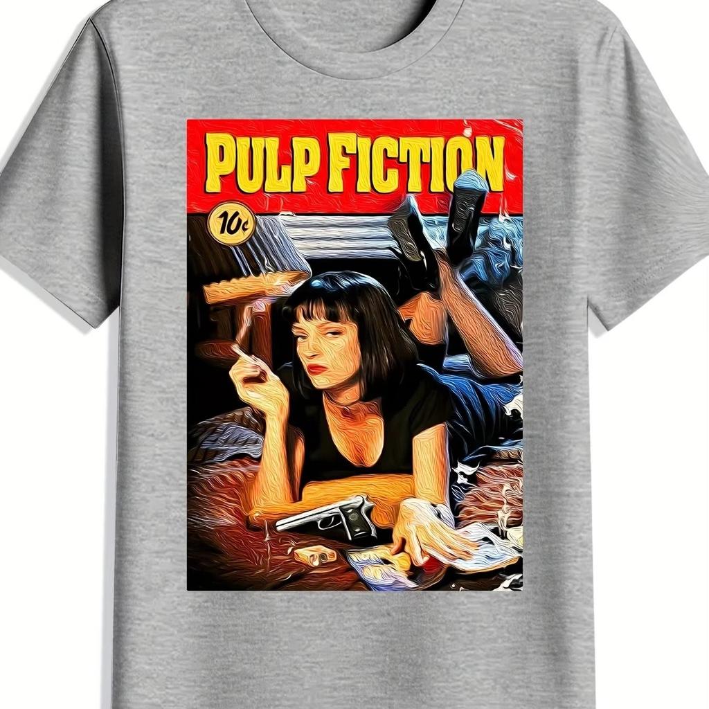 2026 Summer Fashion Unisex Pulp Fiction Graphic T-Shirt - Black Casual Crew Neck Tee with Iconic Movie Design Hip Hop Streetwear