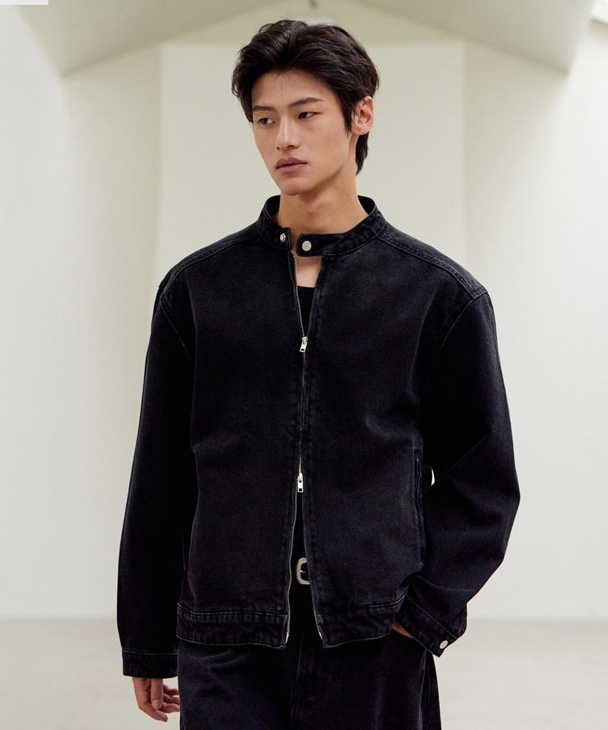 Mood Inside Line Washed Biker Denim Jacket Black