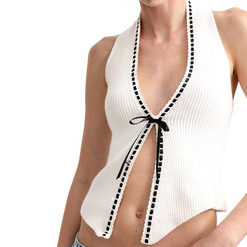 Verano Nueva Moda Sexy Chaleco de Punto Blanco con Tirantes Top Hueco para Mujer