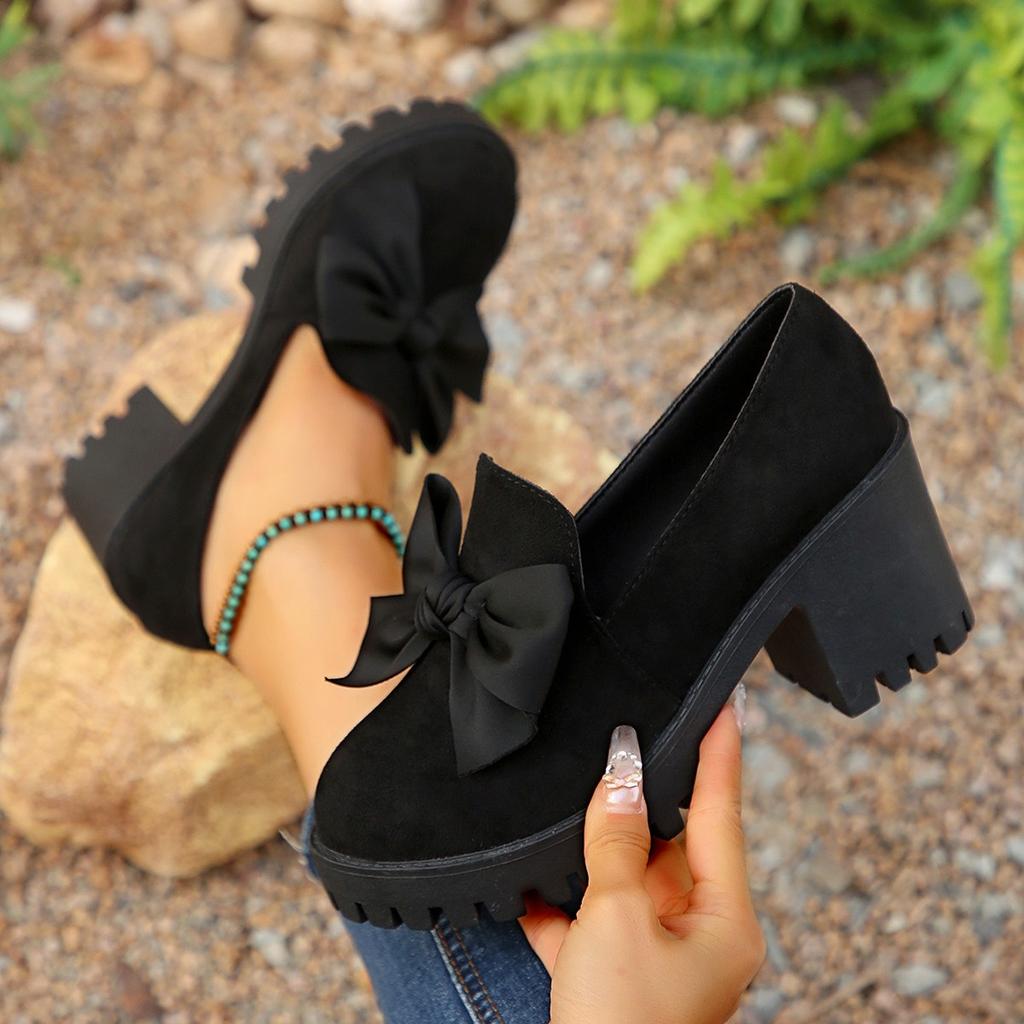 Frühling und Herbst Einfarbig Schleife High Heels Dickbesohlt Einzelne Schuhe Modisch Neu Bequem Lässige Damen Schuhe