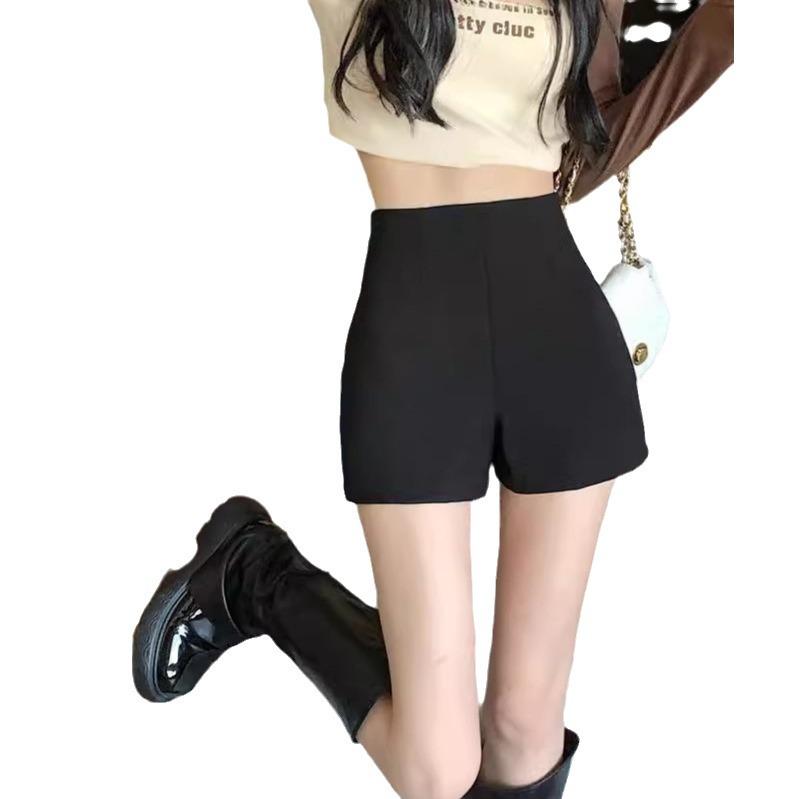 2025 Women's A-Line High Waist Black Casual Shorts - Slimming, Fashionable, Plus Size, Wide Leg