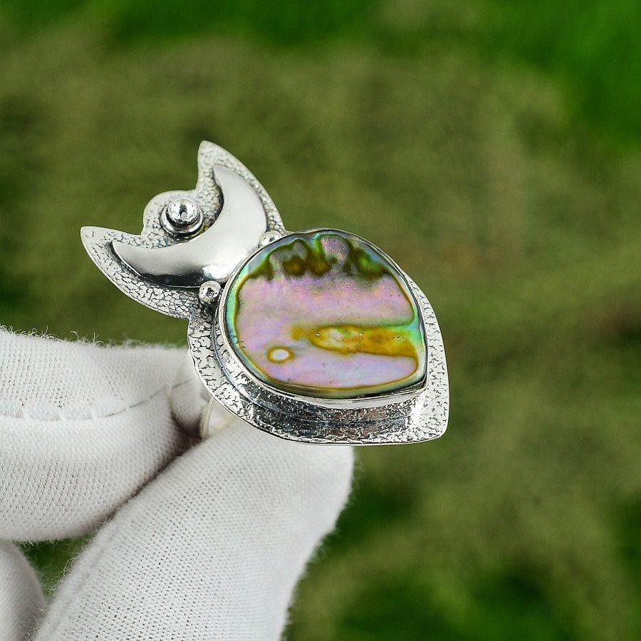 Natural Abalone Shell Bezel Crescent Moon Promise Ring Jewelry Sterling Silver Adjustable
