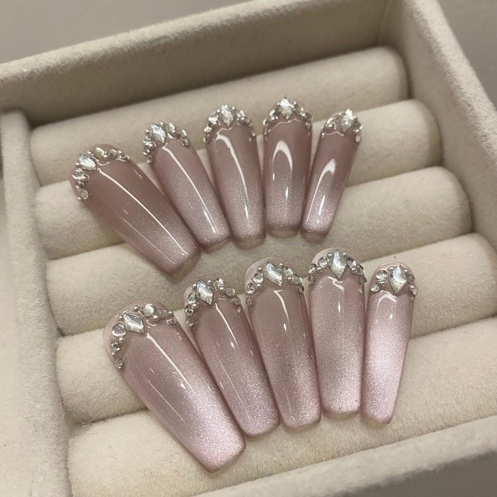 100% HANDMADE long medium short trapezoid shape purple cat eye French style Diamond stitching Shiny gentle Fake Nails Art Reusable Fake Nails