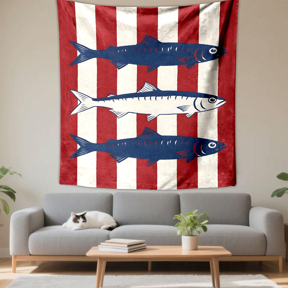 Striped Pattern with Blue Fish Illustration Patterned Tapestry Decorative Wall Hanging, Home Bedroom Living Room Decor
