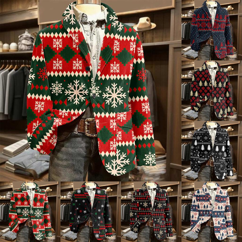 Herren Bedruckter Cord Warmes Taschen-Sakko Strickjacke Herren Freizeitanzug