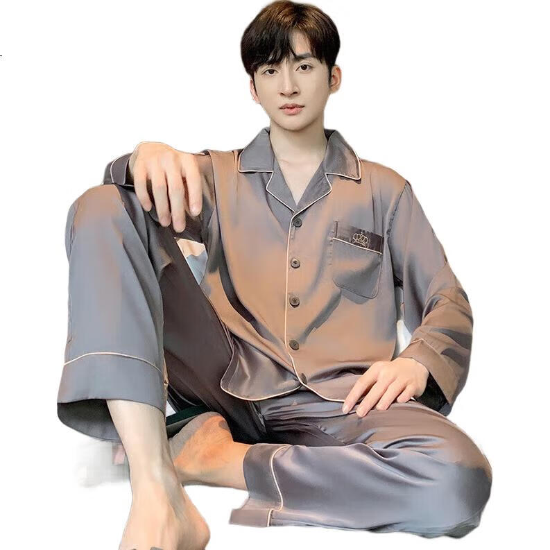 LANGSHA Plus-Size Ice Silk Pajamas for Men, Spring And Summer High-End Thin Style New Product, Wearable Outside, Long-Sleeve Long Pants Home Wear Set