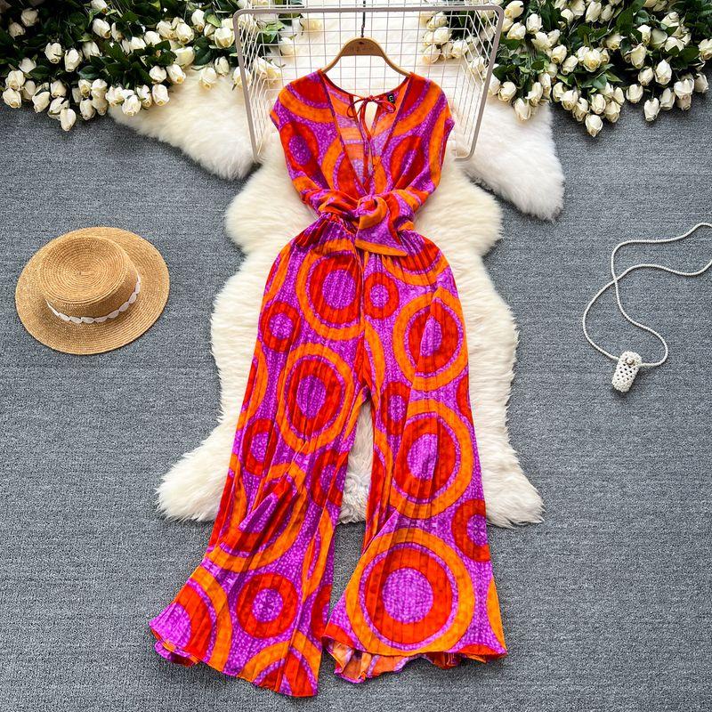 Holiday Ins Wear Women's Fashion Fancy Sleeveless V-neck Lace Up Waist Trimming Printing Loose Wide Leg Pleated Jumpsuit