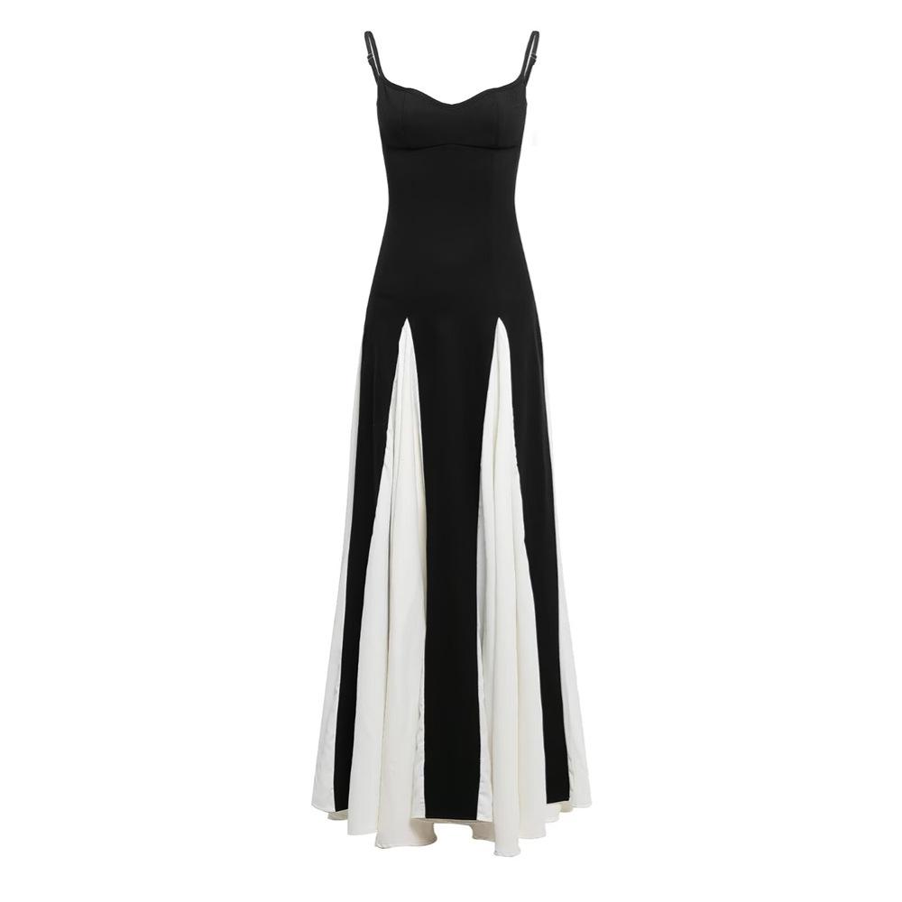 

2025 Spring Women s Slim High-Waisted Color-Block Suspender Dress S