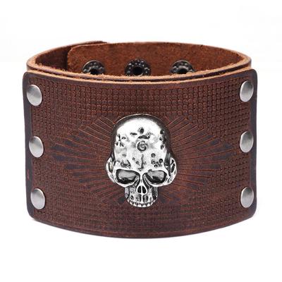 Bracciale Teschio in Pelle Bovina da Uomo 2024: Stile Europeo e Americano, Design in Pelle Larga