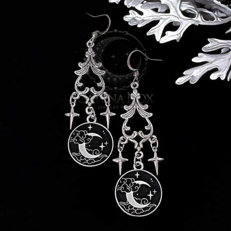 Moon Phase Crescent Star Earrings - Celestial Gothic Witchcraft Style
