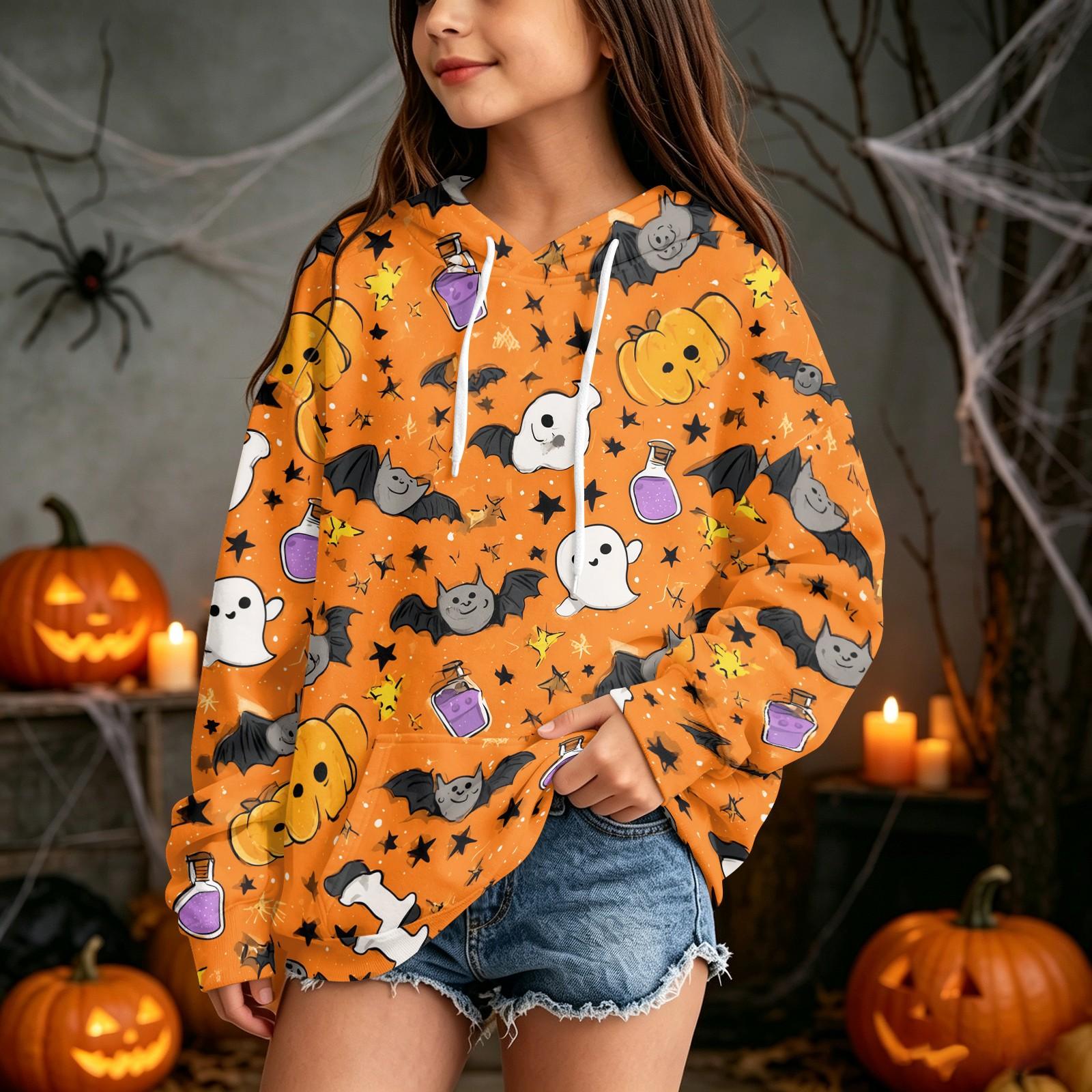 Kids Casual Halloween Print Pullover Hoodie Sweatshirt for Everyday Wear 160