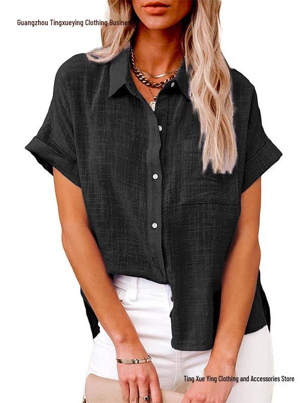 2026 Spring/Summer Women's Cotton Linen Pocket Short Sleeve Shirt