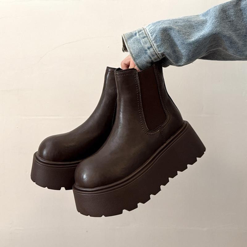 

Модные зимние женские ботильоны на платформе с увеличением высоты, женские туфли слипоны с круглым носком, уличный стиль, челси, botas mujer 37 коричневый