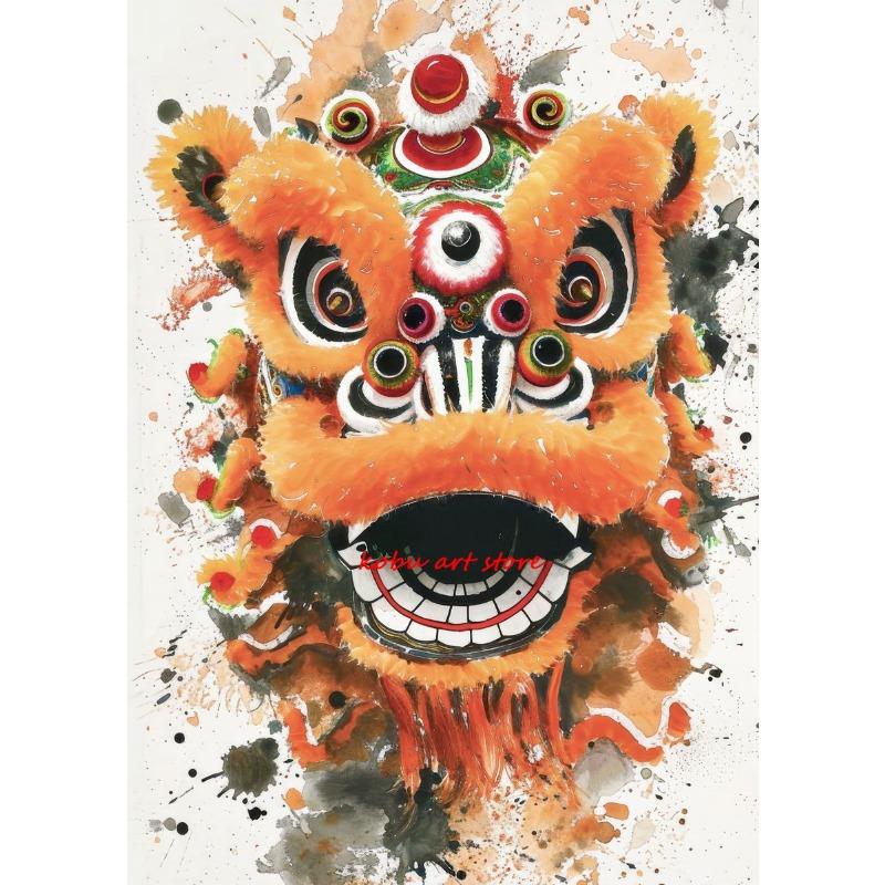 Traditional Chinese Lion Dance Posters Ink Wash Style Lion Poster and Print Canvas Painting Wall Art Picture for Room Home Decor