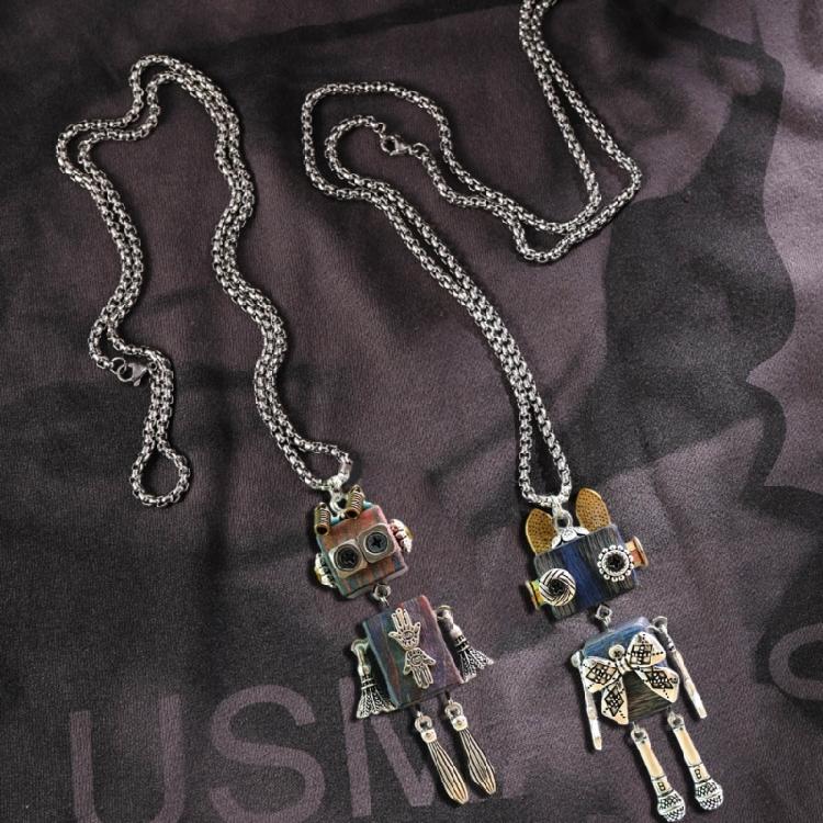 DIY Wooden Robot Pendant Necklace Unisex Clavicle Chain Punk Chokers for Women