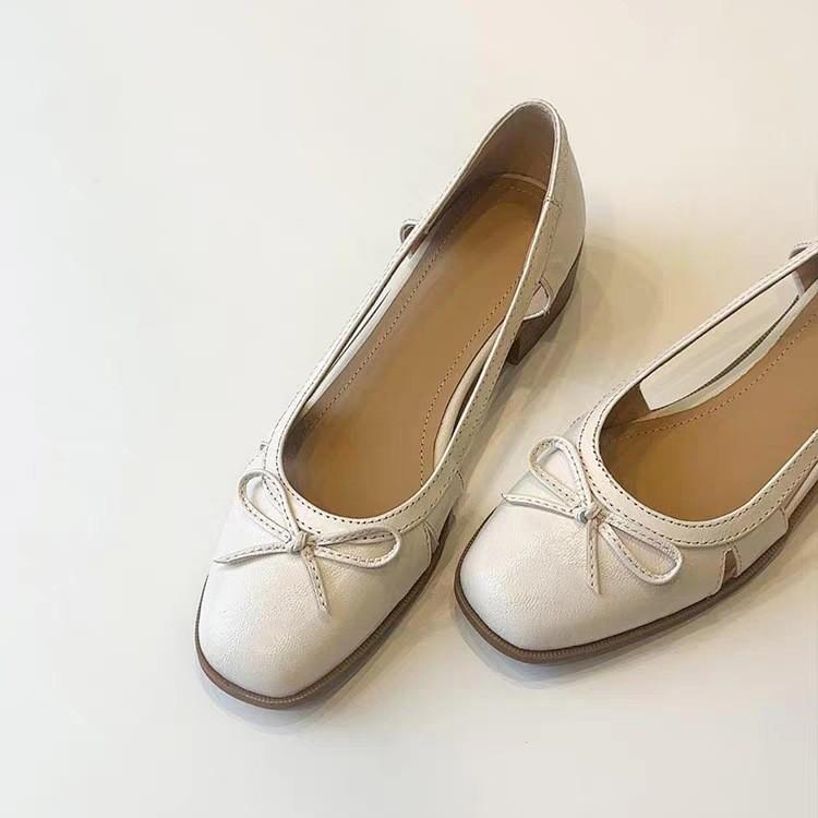 

Spot model~ New French hollow leather outer wear commuter shoes women s low-heeled bow square head ballet shoes 35