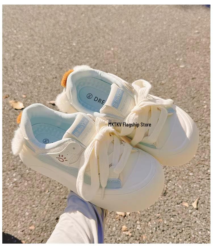 Girls' White Spring 2026 Breathable Thick-Sole Casual Sneakers, Non-Slip & Fashionable