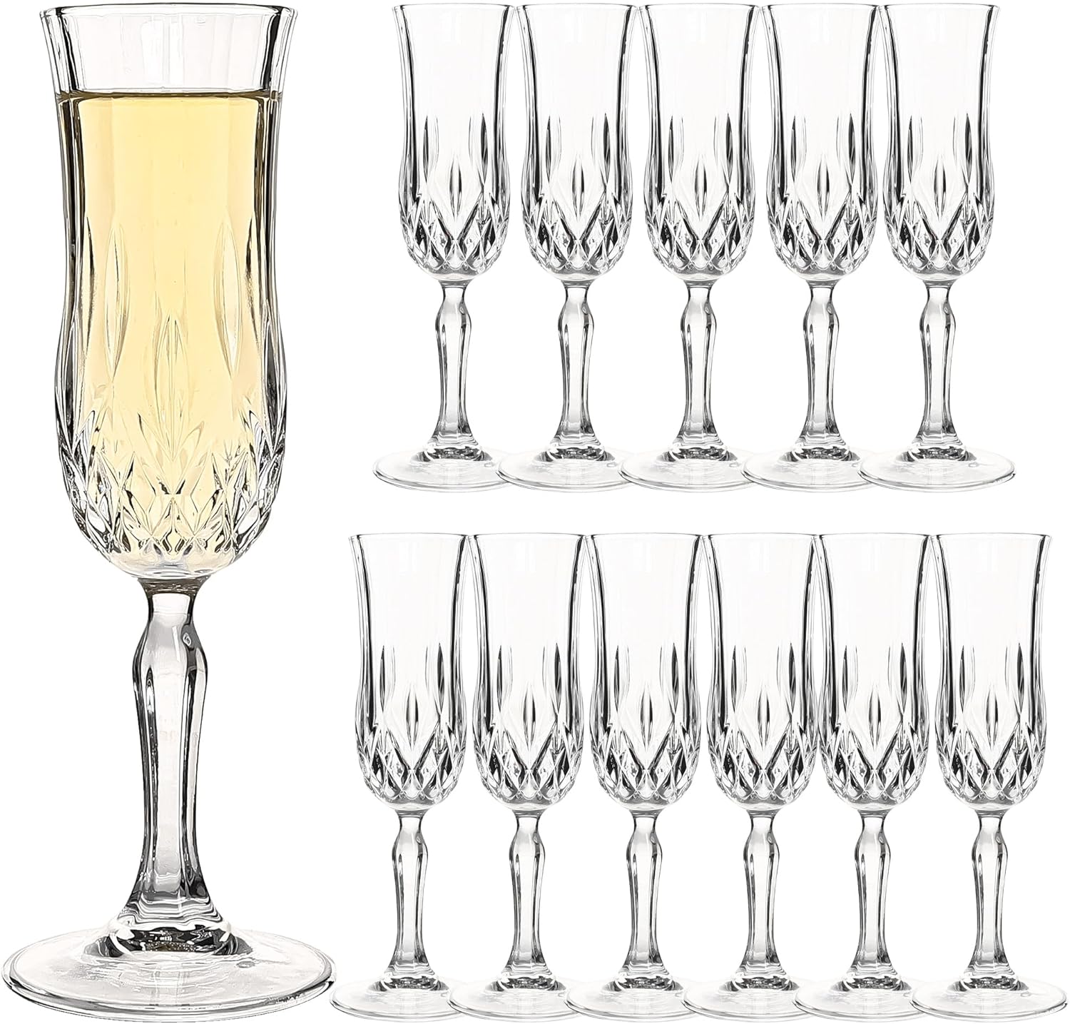 

Champagne Flutes Set of 12, 4 oz Crystal Clear Vintage Stemware with Cut Design, Dishwasher Safe, Perfect for Weddings, Parties,
