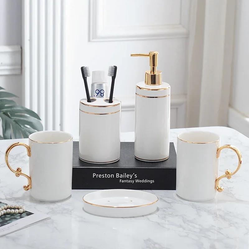 Gilded Ceramic Bathroom Accessories Set Portable Soap Dispenser Mouth Cup Toothbrush Holder Soap Dish Tray Bathroom Supplies