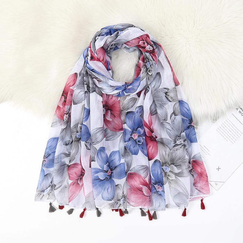 Luxury Brand Designer Scarf Vintage Blue Floral Print Scarf for Women Autumn Winter Scarves Neck Warmer Printed Hijab