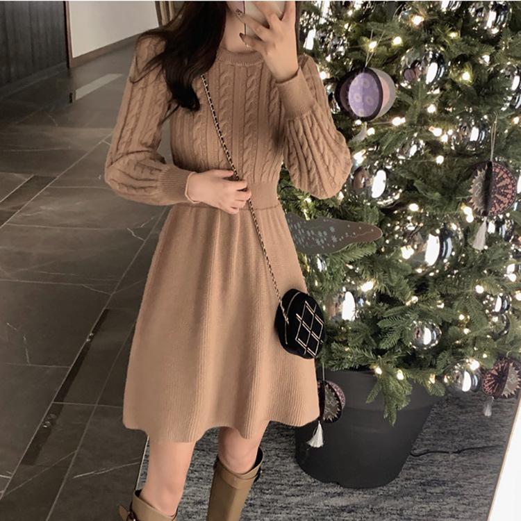 Twisted Knitted Dress for Women In Autumn and Winter High-waisted Casual Long-sleeved Pullover Solid-color Sweater