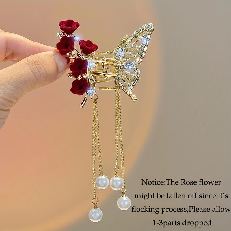 1pc Faux Pearl Tassel Hair Claw Clip Red Rose Jaw Clips Metal Shark Clips For Women Female Hair Styling Accessories