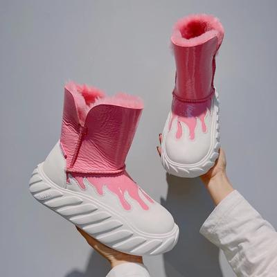 Inverno nova lã de pele carneiro botas de neve integradas contraste feminino matsuke fundo grosso botas quentes de pelúcia