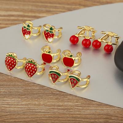 Nidin New Trendy Enamel Drip Oil Strawberry/Cherry/Watermelon/Apple Shape Ear Clip Earrings No Piercings For Women Girls Jewelry