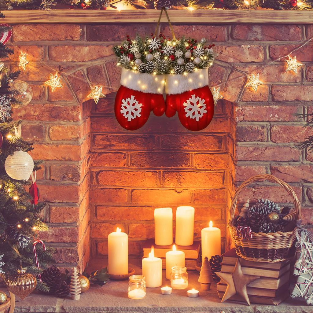 Twinkling Christmas Mitten Wreath, Christmas Lighted Werath Front Door Artificial Garland, Christmass Balls Hanging For Par