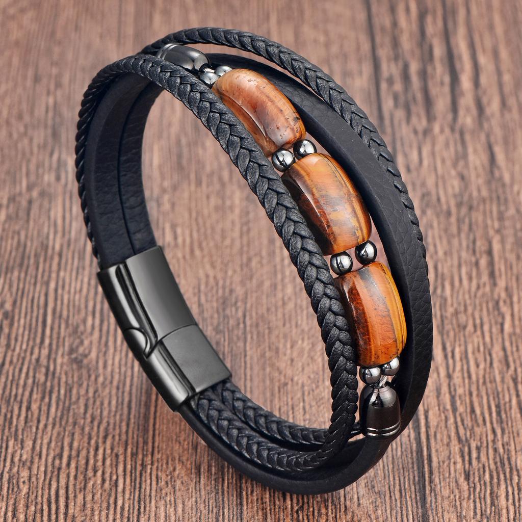 Black Leather Rope Men's Double Layer, Natural Stone Jewelry Woven Bracelet Tiger Stone Multi-Layer Leather Bracelet 2026