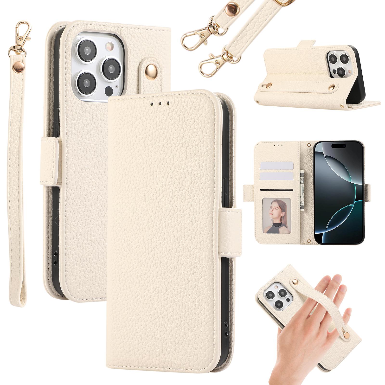 

For iPhone 14 Pro Leather Case with Card Holder,Straps,Shockproof Wallet Phone Cover Beige