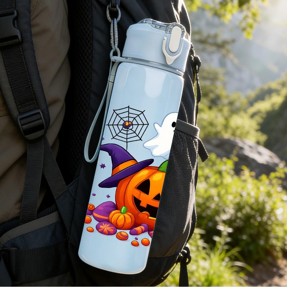 1PC Halloween Candy Pumpkin Print 750ml Color Plastic Sports Water Bottle Leakproof Flip Straw Lid Suitable for Sports Office Home Use