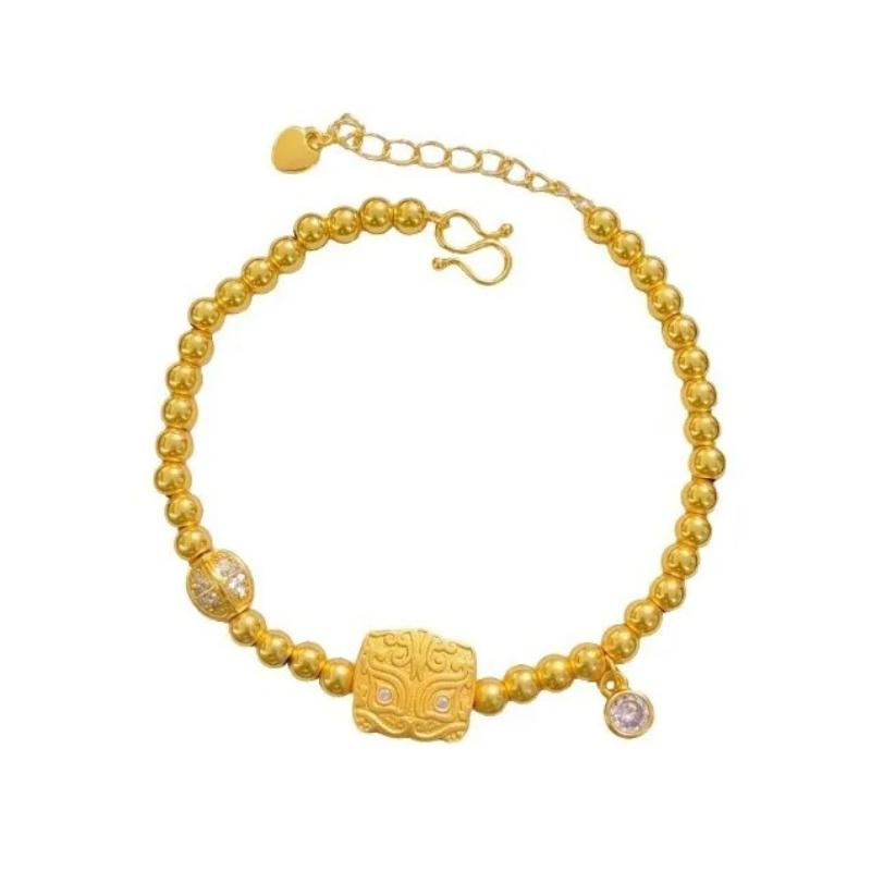 Six-Flower Lotus Pod Auspicious Beast Bracelet Women 24K Gold AU999 Classic Chinese Style, Blessing