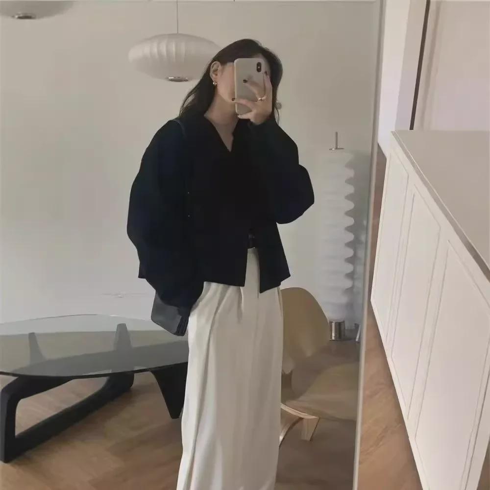 Korean Style Autumn/Winter Solid Color V-Neck Loose Wool Coat