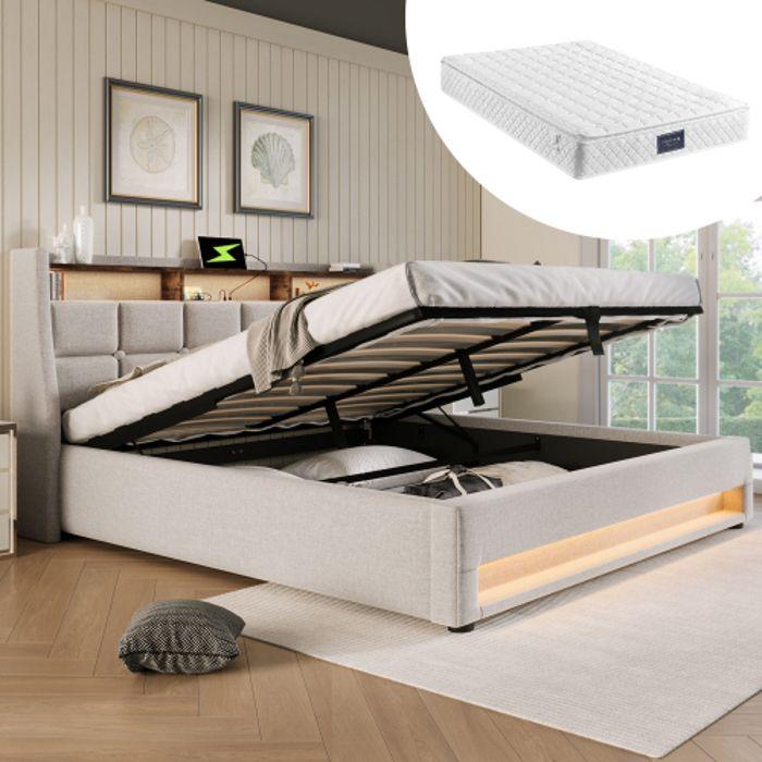 Lit Rembourré Avec USB 140x200cm, Lit Double LED Avec Cadre Métallique À Lattes, Cadre De Lit En Lin, (avec Matelas)