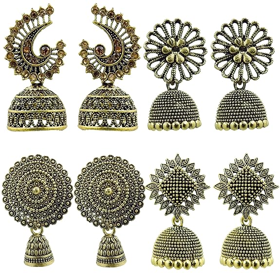 Fashion Latest Traditional Oxidized Silver and Antique Golden Base Metal Dangle and Drop (COMBOs of 4) Jhumki Earrings for Women & Girls