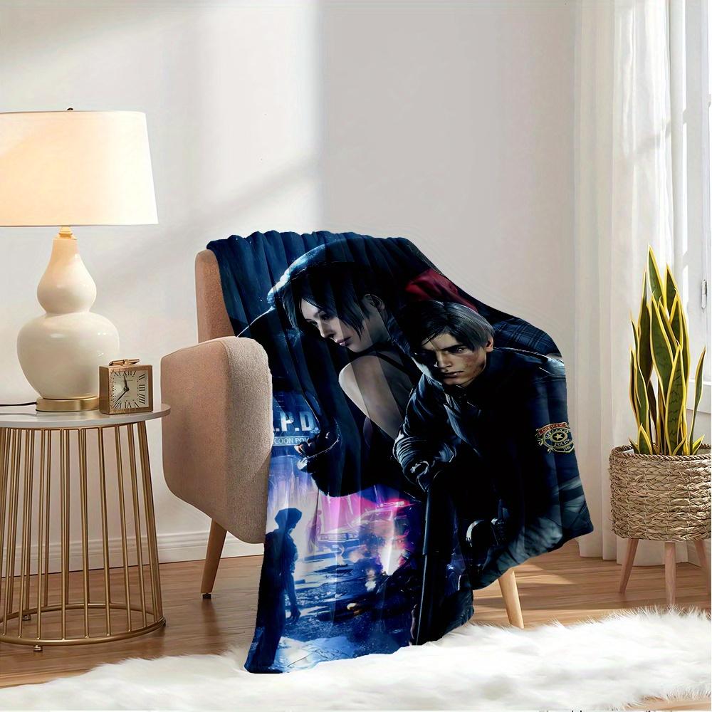 For Resident Evil,Leon Kennedy,Claire Redfield-Themed Flannel Blanket, Glam Style, Digital Print, All-Season Comfort, Tear-Resistant, Knitte
