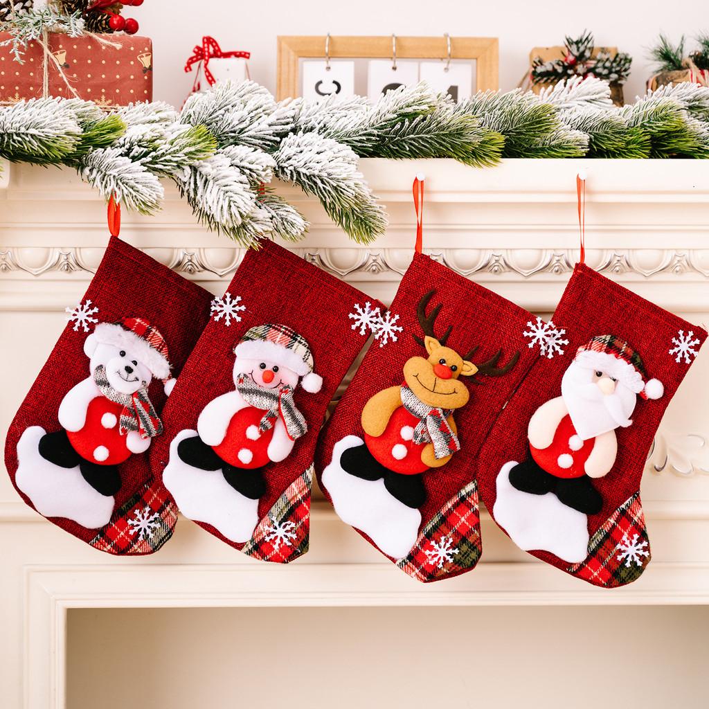 Cute Cartoon Christmas Stockings In Red Fabric For Festive Tree Decorations