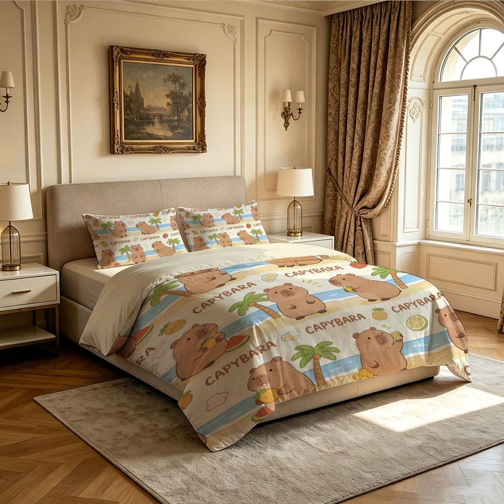 3er-Set Capybara Strand-Print Bettbezug Niedliches Tier Weiches Mikrofaser-Bettwäsche-Set mit Kissenbezügen Bettdeckenbezug Schlafzimmer Dekor