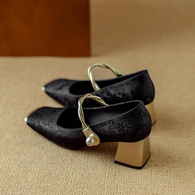 New Chinese style Mary Jane women's shoes spring thick heel cheongsam shoes medium heel horse skirt shoes small fragrant style square head singl