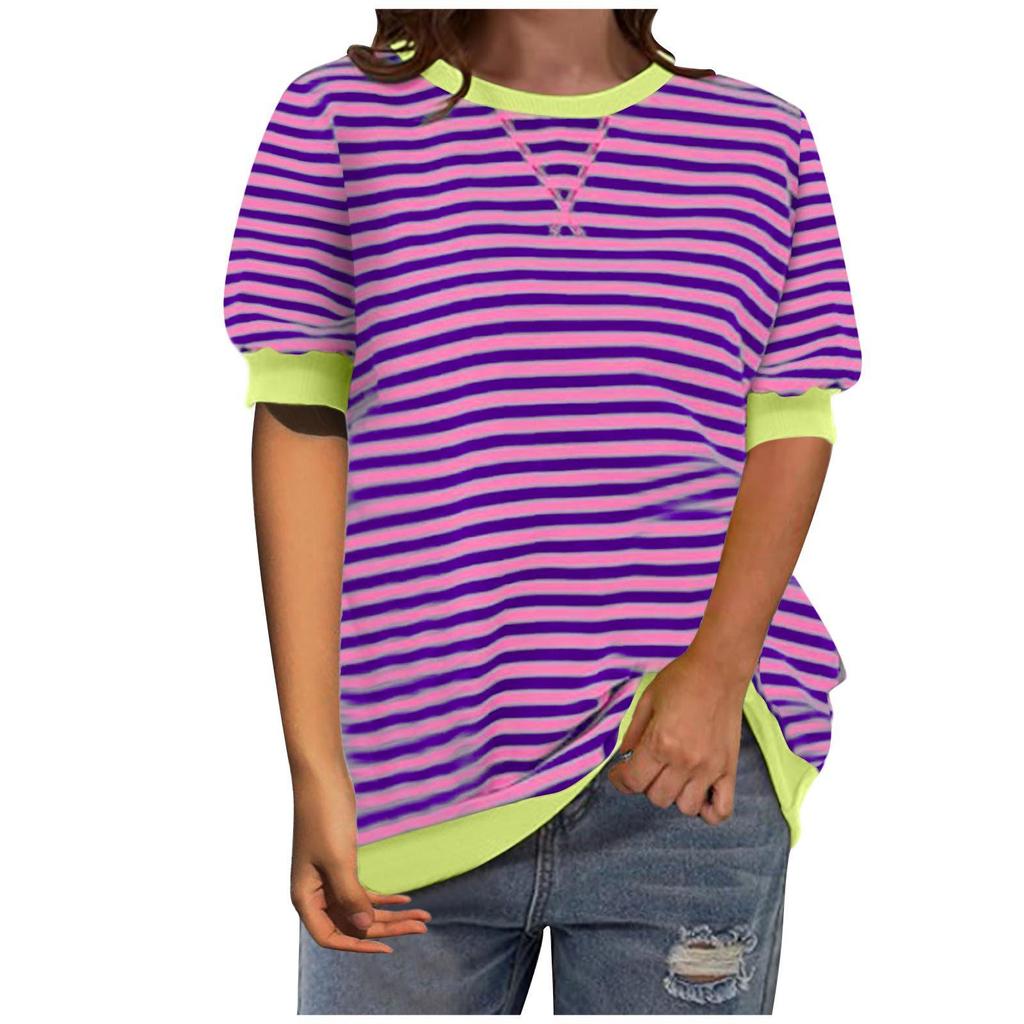 Women's Summer Striped Print Short Sleeve Round Neck T-Shirt Clothes Sale