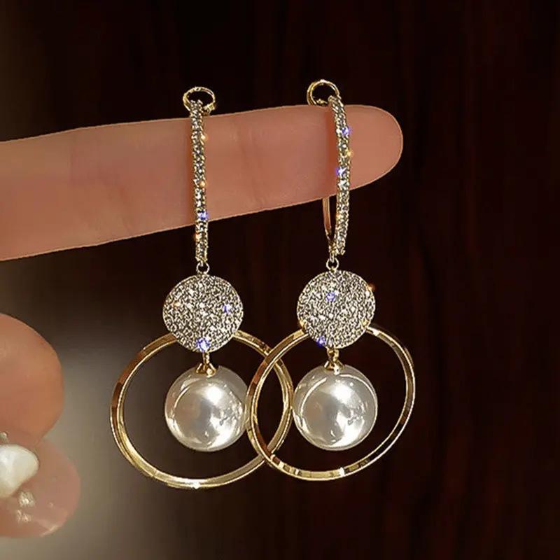 Pearl Circle Trendy Korean French Style Versatile Long Earrings for Women
