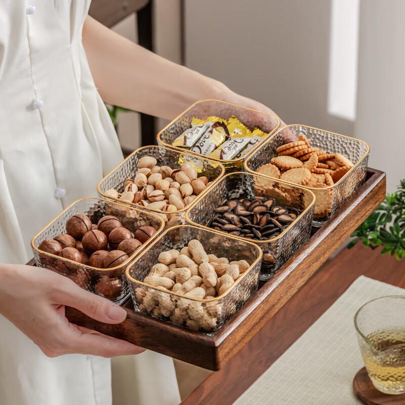 Light Luxury Walnut Wood & Glass 6-Compartment Dried Fruit Tray